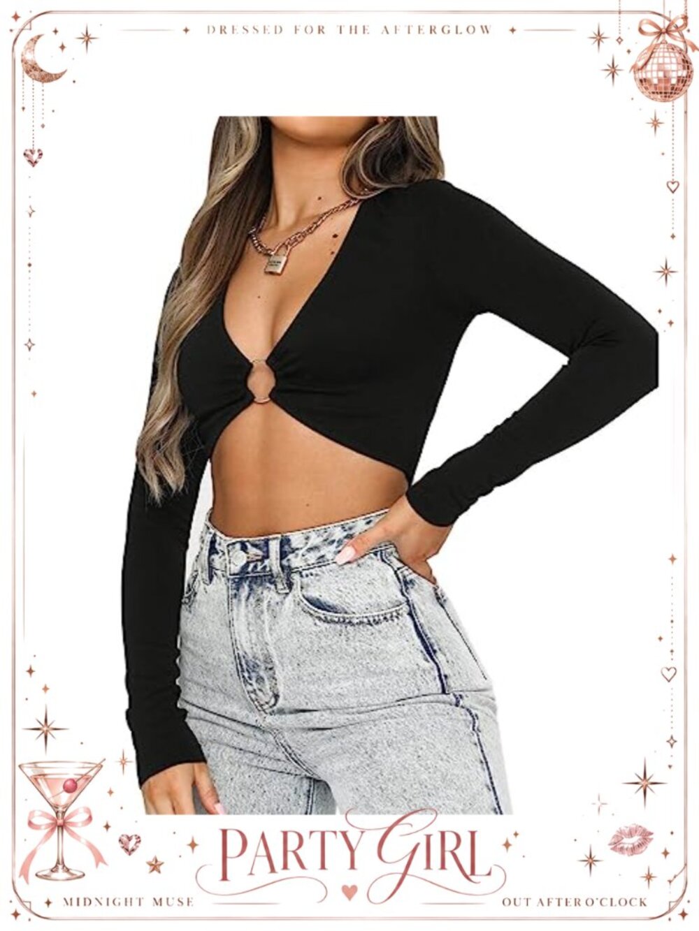 Sexy Ring Crop Top Plunging V Neck Sleeveless Slim Fit Y2K Party Top